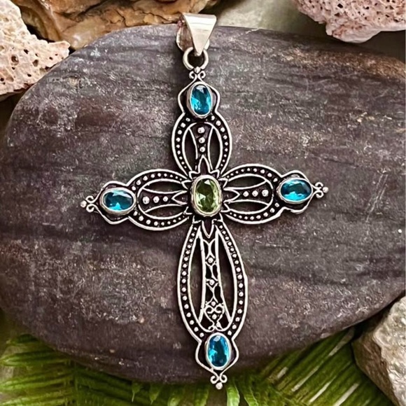 Hand Crafted Jewelry - Blue Topaz & Peridot Sterling Silver 2.5” Cross Pendant